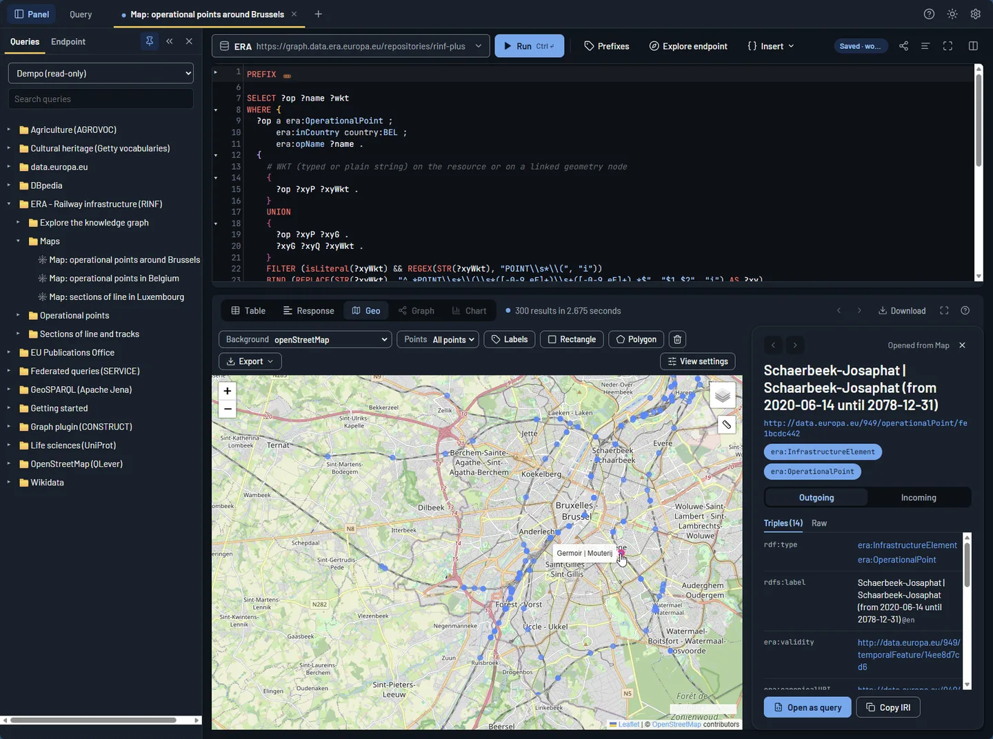 MatGUI: a SPARQL query on ERA's RINF endpoint, its results as operational points on a map of Brussels, and the triples of one selected point